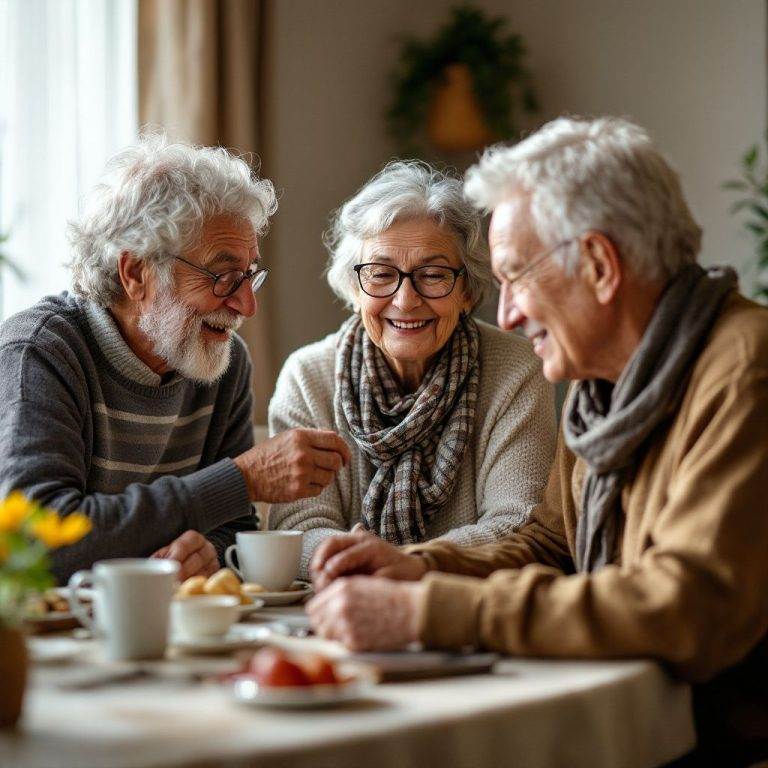 Three smiling seniors enjoying coffee together, representing emotional and social support provided through senior care and companionship