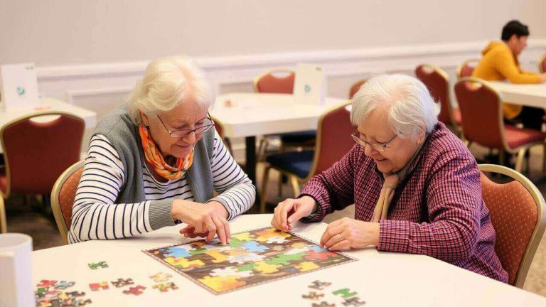 Seniors enjoying puzzle-solving as part of a Dementia Friendly Canada initiative promoting in-home care and support services.