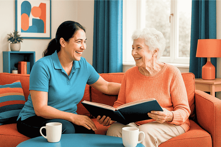 Smiling caregiver in a turquoise polo shirt sharing a moment with an elderly woman in a warm home setting over an open book.