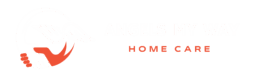 Angels My Way Home Care Services logo featuring a stylized red footprint with wing design, representing senior in-home care support.