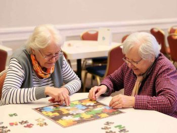 Seniors enjoying puzzle-solving as part of a Dementia Friendly Canada initiative promoting in-home care and support services.