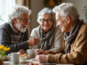 Three smiling seniors enjoying coffee together, representing emotional and social support provided through senior care and companionship