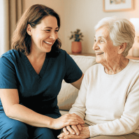 Caregiver in blue scrubs providing in-home senior care, holding hands with an elderly woman and sharing a warm smile.