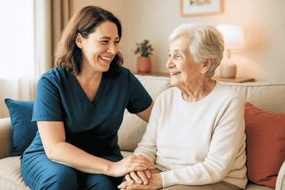 Caregiver in blue scrubs providing in-home senior care, holding hands with an elderly woman and sharing a warm smile.
