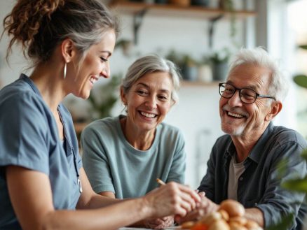 Caregiver assisting two smiling seniors with meal preparation, showcasing compassionate senior home care and companionship services